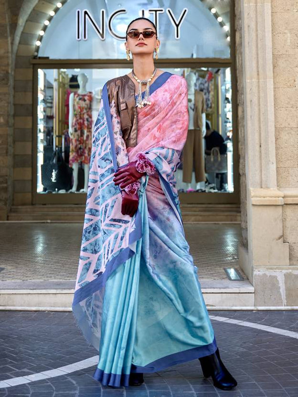 Pink & Sky Digital Print Saree in Satin Silk Blend – Party & Wedding Wear ClothsVilla