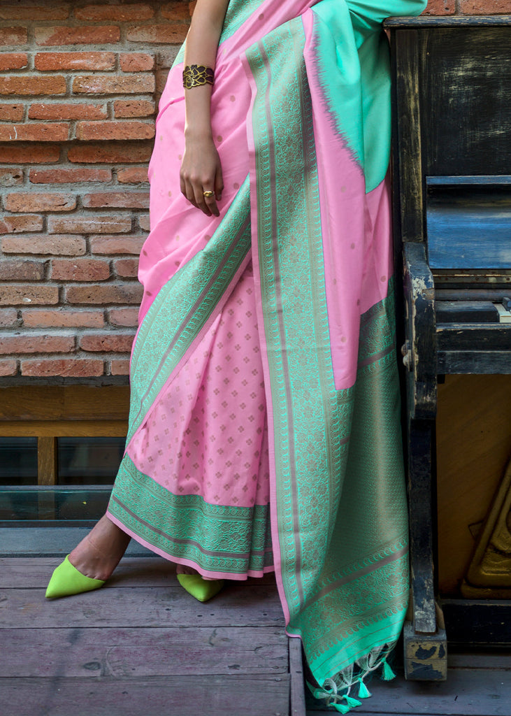Pink & Sky Regal Banarasi Soft Silk Saree with Intricate Timeless Design & Blouse Piece ClothsVilla