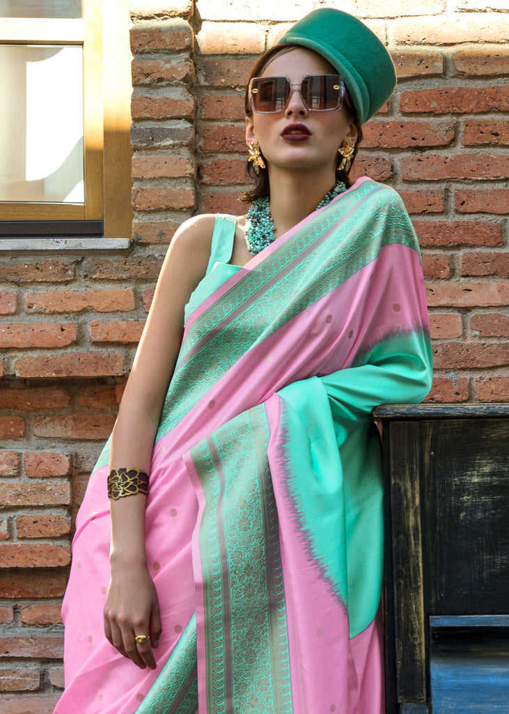 Pink & Sky Regal Banarasi Soft Silk Saree with Intricate Timeless Design & Blouse Piece ClothsVilla
