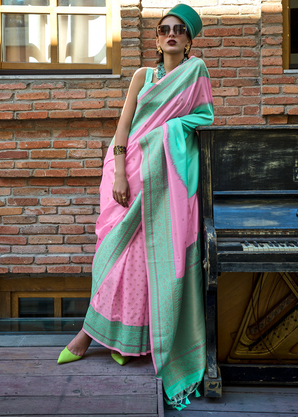 Pink & Sky Regal Banarasi Soft Silk Saree with Intricate Timeless Design & Blouse Piece ClothsVilla
