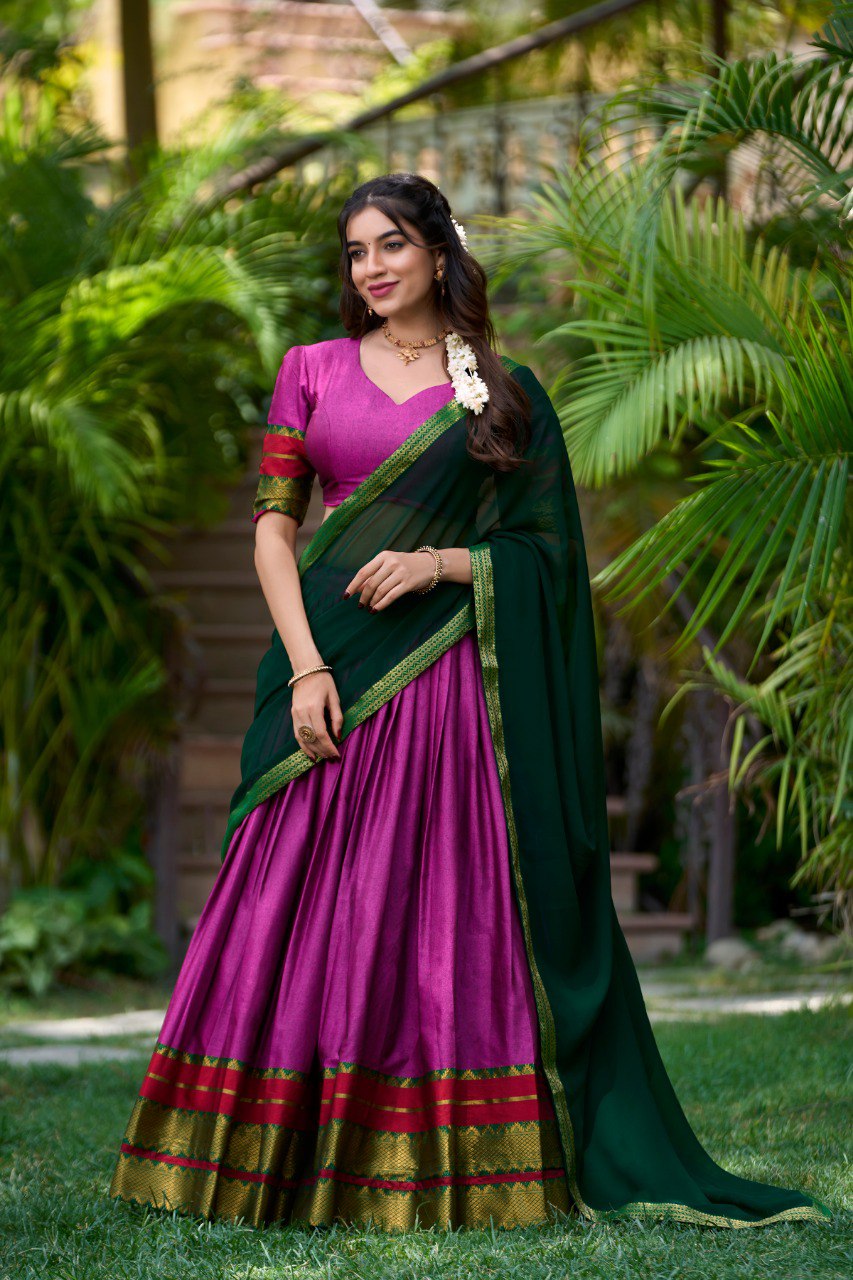Pink South Style Poly Cotton Half Saree – A Timeless Blend of Tradition & Elegance Main image