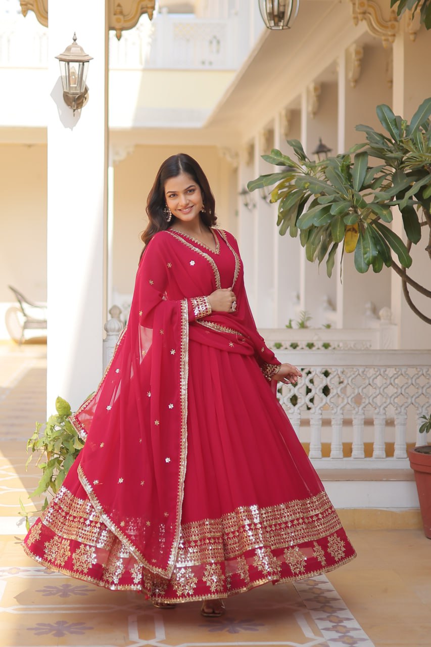 Pink Sparkling Faux Blooming Gown with Embroidered Sequins & Designer Lace Dupatta ClothsVilla