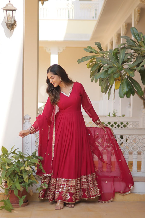 Pink Sparkling Faux Blooming Gown with Embroidered Sequins & Designer Lace Dupatta ClothsVilla