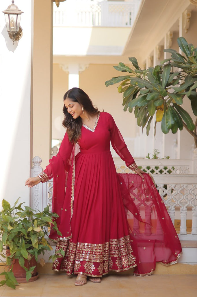 Pink Sparkling Faux Blooming Gown with Embroidered Sequins & Designer Lace Dupatta ClothsVilla