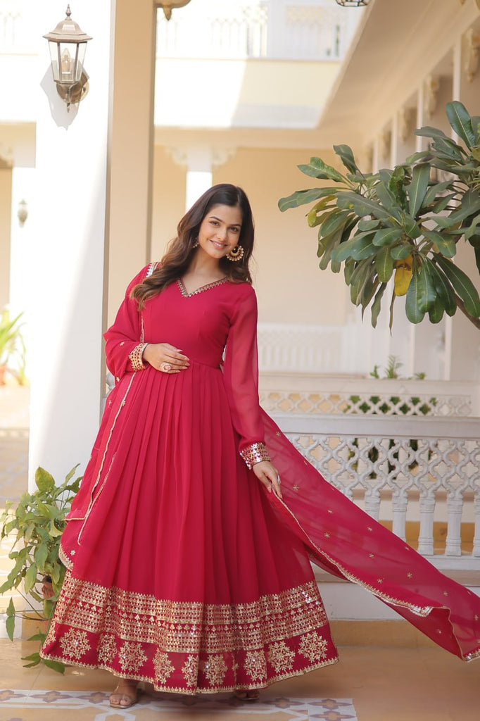 Pink Sparkling Faux Blooming Gown with Embroidered Sequins & Designer Lace Dupatta ClothsVilla
