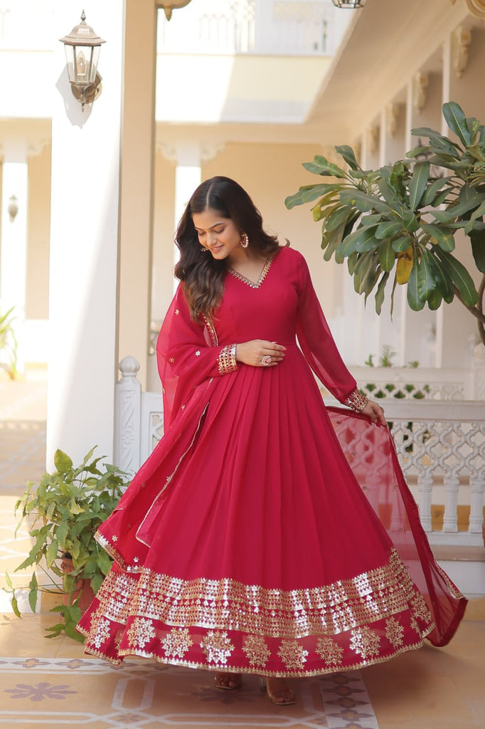 Pink Sparkling Faux Blooming Gown with Embroidered Sequins & Designer Lace Dupatta ClothsVilla