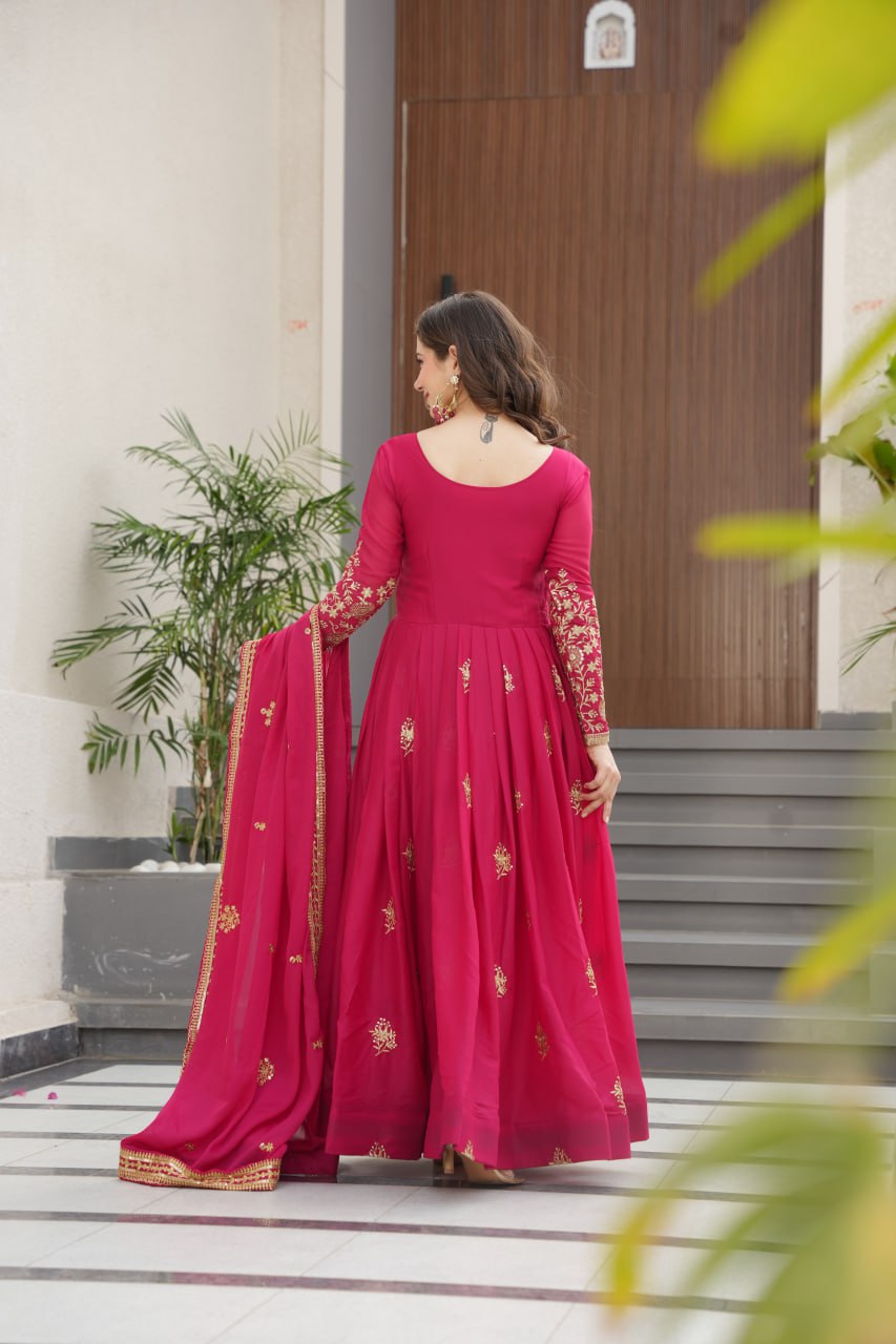 Pink Star Georgette Embroidered Gown with Sequins Work & Designer Dupatta – Festive Collection ClothsVilla