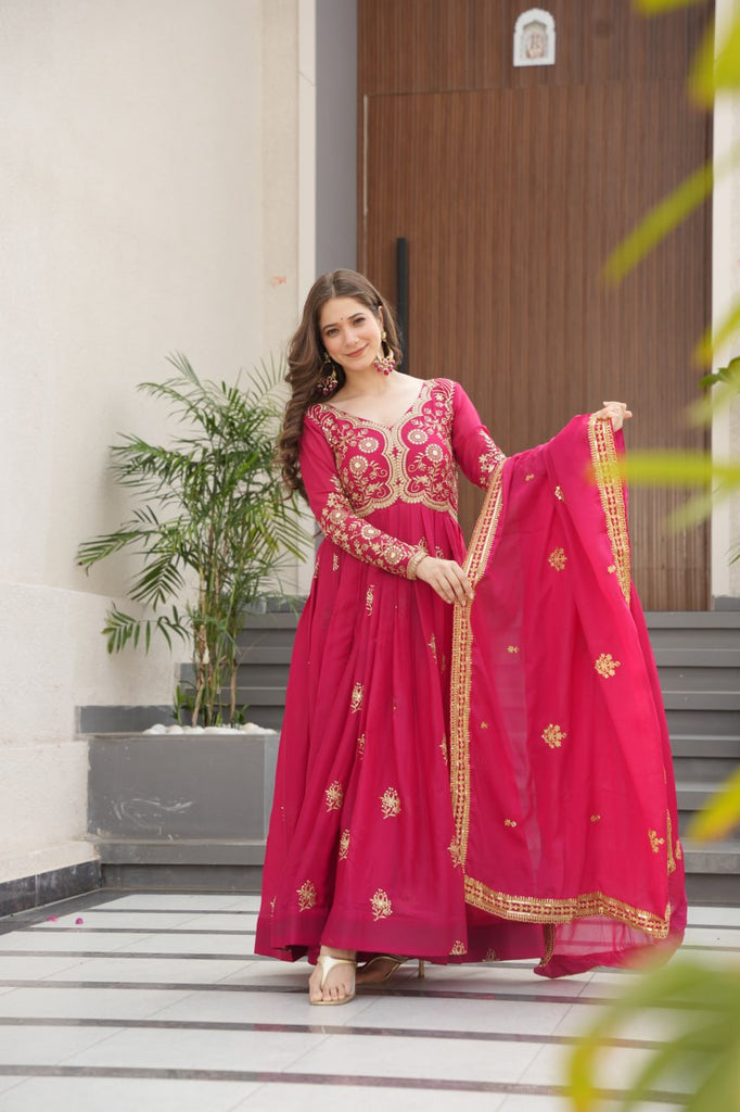 Pink Star Georgette Embroidered Gown with Sequins Work & Designer Dupatta – Festive Collection ClothsVilla