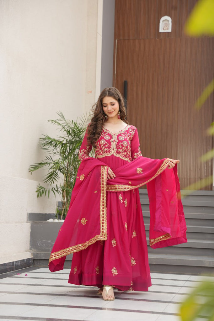 Pink Star Georgette Embroidered Gown with Sequins Work & Designer Dupatta – Festive Collection ClothsVilla