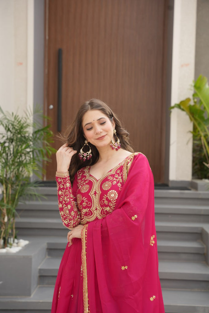 Pink Star Georgette Embroidered Gown with Sequins Work & Designer Dupatta – Festive Collection ClothsVilla