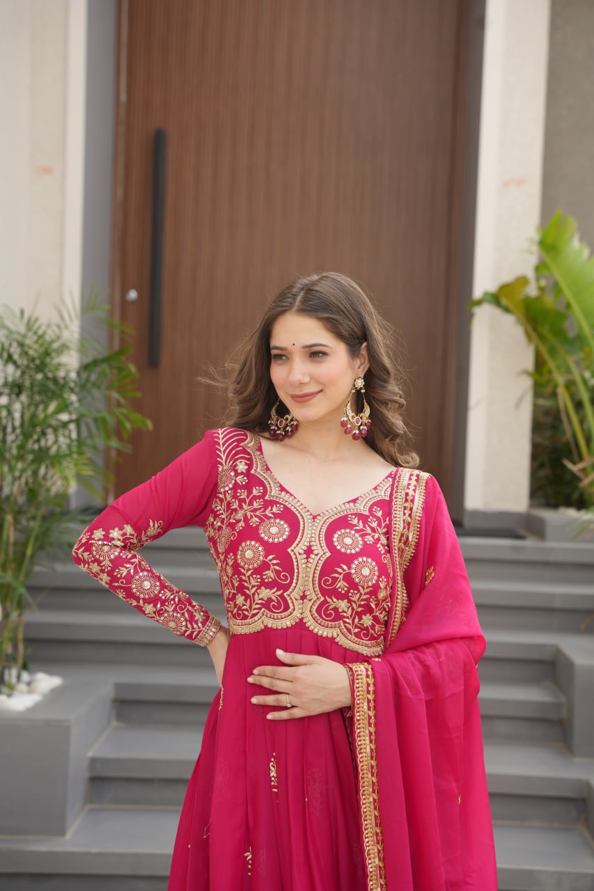 Pink Star Georgette Embroidered Gown with Sequins Work & Designer Dupatta – Festive Collection ClothsVilla