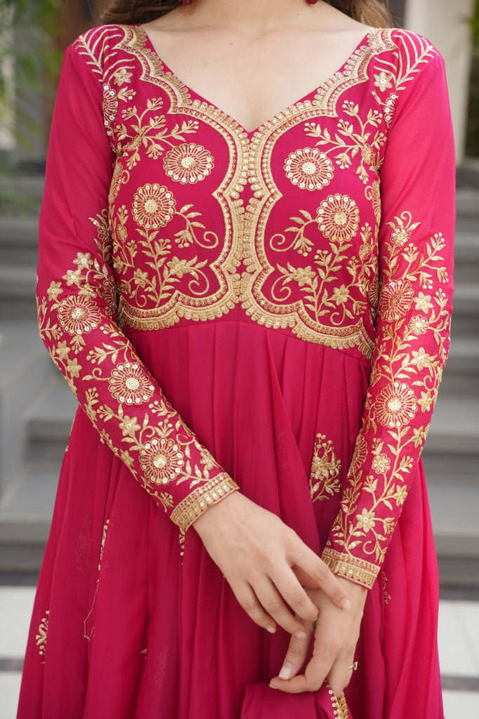 Pink Star Georgette Embroidered Gown with Sequins Work & Designer Dupatta – Festive Collection ClothsVilla