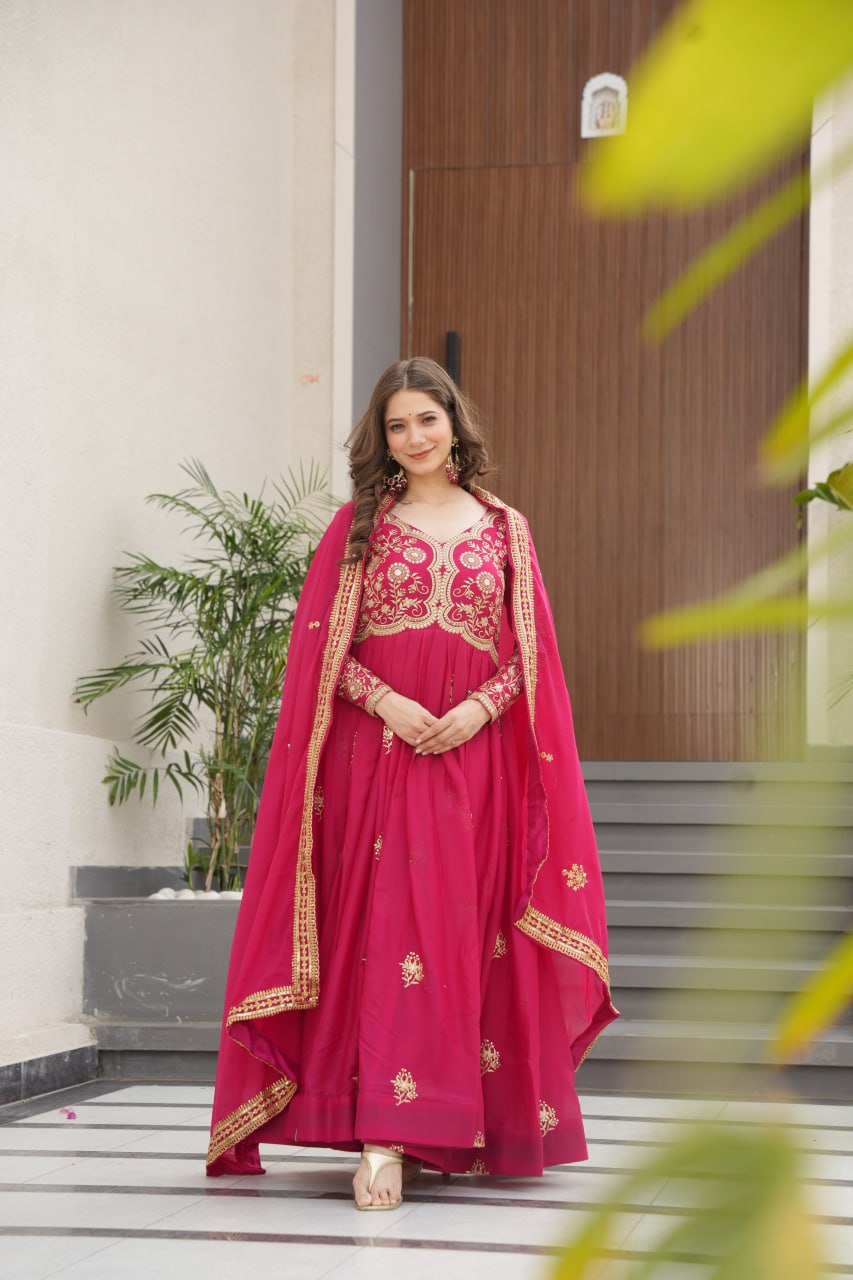 Pink Star Georgette Embroidered Gown with Sequins Work & Designer Dupatta – Festive Collection ClothsVilla