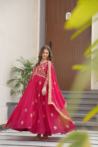 Pink Star Georgette Embroidered Gown with Sequins Work & Designer Dupatta – Festive Collection ClothsVilla