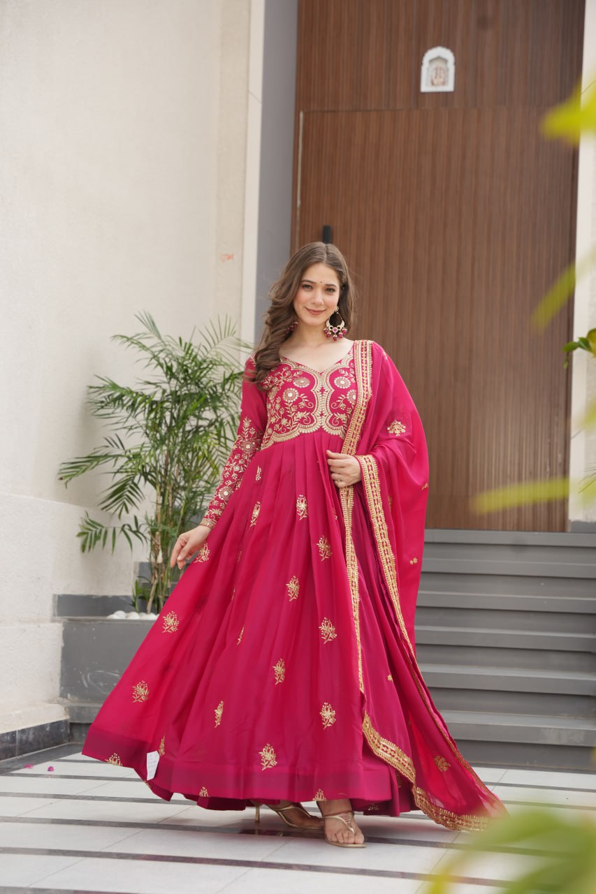 Pink Star Georgette Embroidered Gown with Sequins Work & Designer Dupatta – Festive Collection ClothsVilla
