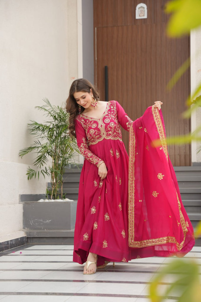 Pink Star Georgette Embroidered Gown with Sequins Work & Designer Dupatta – Festive Collection ClothsVilla