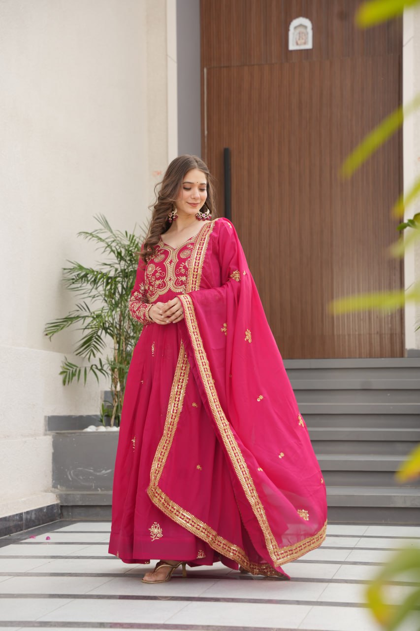 Pink Star Georgette Embroidered Gown with Sequins Work & Designer Dupatta – Festive Collection ClothsVilla