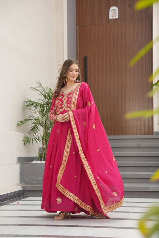 Pink Star Georgette Embroidered Gown with Sequins Work & Designer Dupatta – Festive Collection ClothsVilla