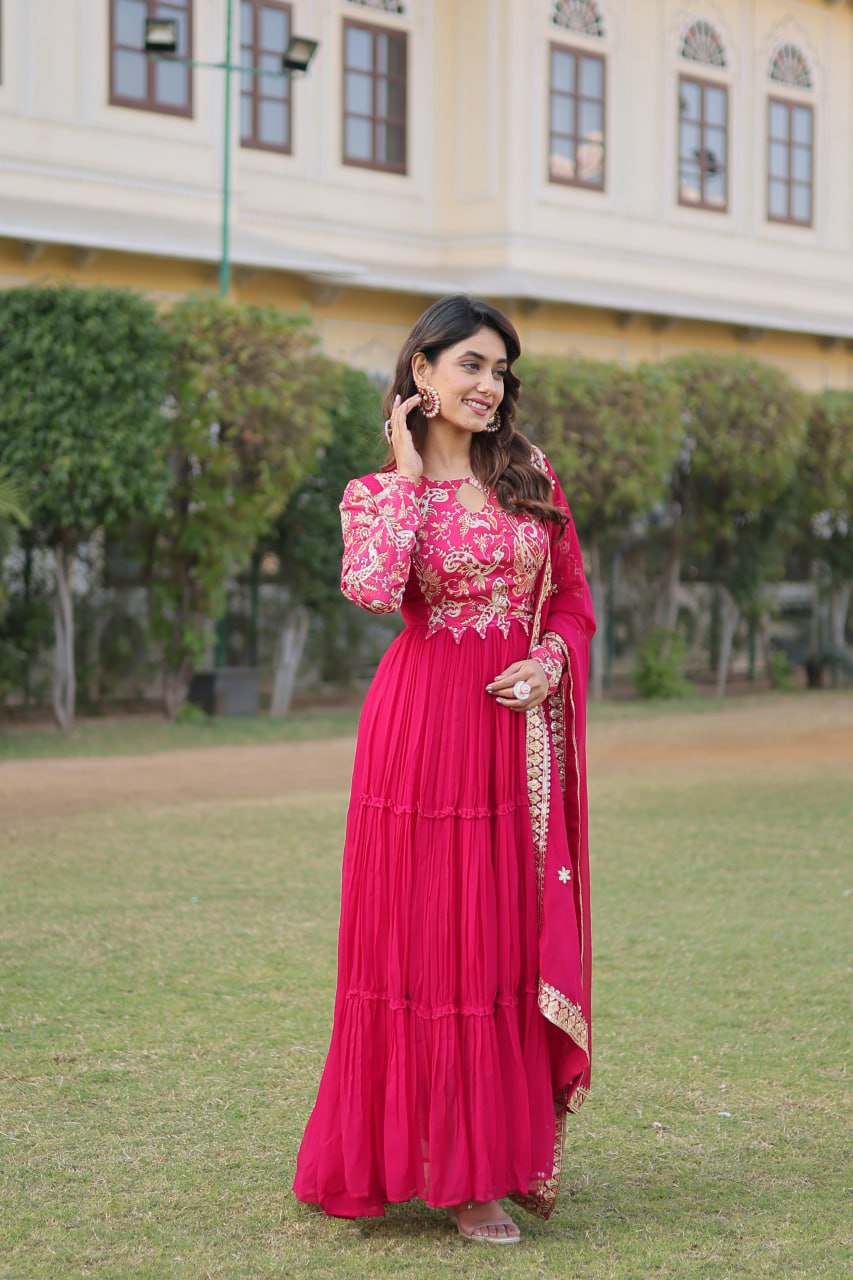 Pink Stunning Faux Georgette Gown Dupatta Collection in Vibrant Colors ClothsVilla