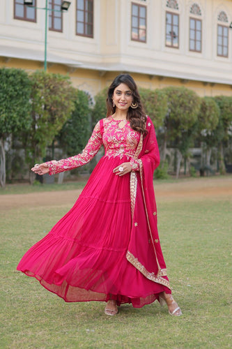 Pink Stunning Faux Georgette Gown Dupatta Collection in Vibrant Colors ClothsVilla