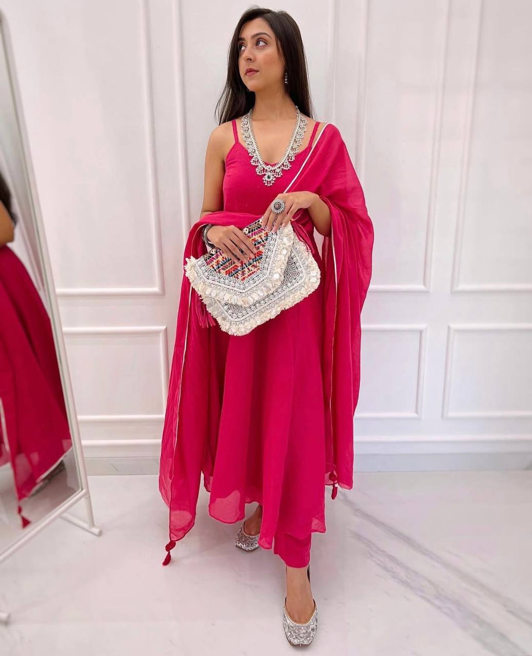Pink Stunning Georgette Flared Suit Set with American Crepe Bottom ClothsVilla