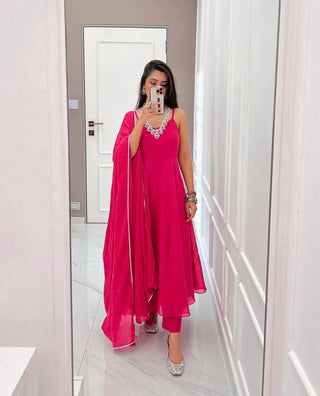 Pink Stunning Georgette Flared Suit Set with American Crepe Bottom ClothsVilla