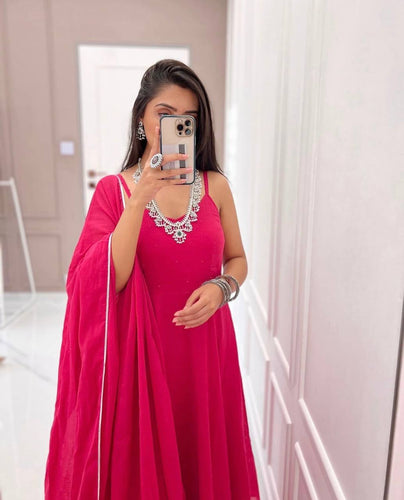 Pink Stunning Georgette Flared Suit Set with American Crepe Bottom ClothsVilla