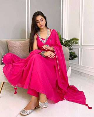 Pink Stunning Georgette Flared Suit Set with American Crepe Bottom ClothsVilla