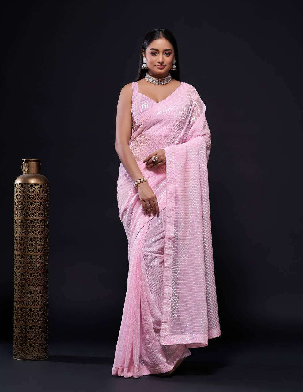 Pink Stunning Georgette Saree with Rainbow Sequin Work & Matching Blouse ClothsVilla