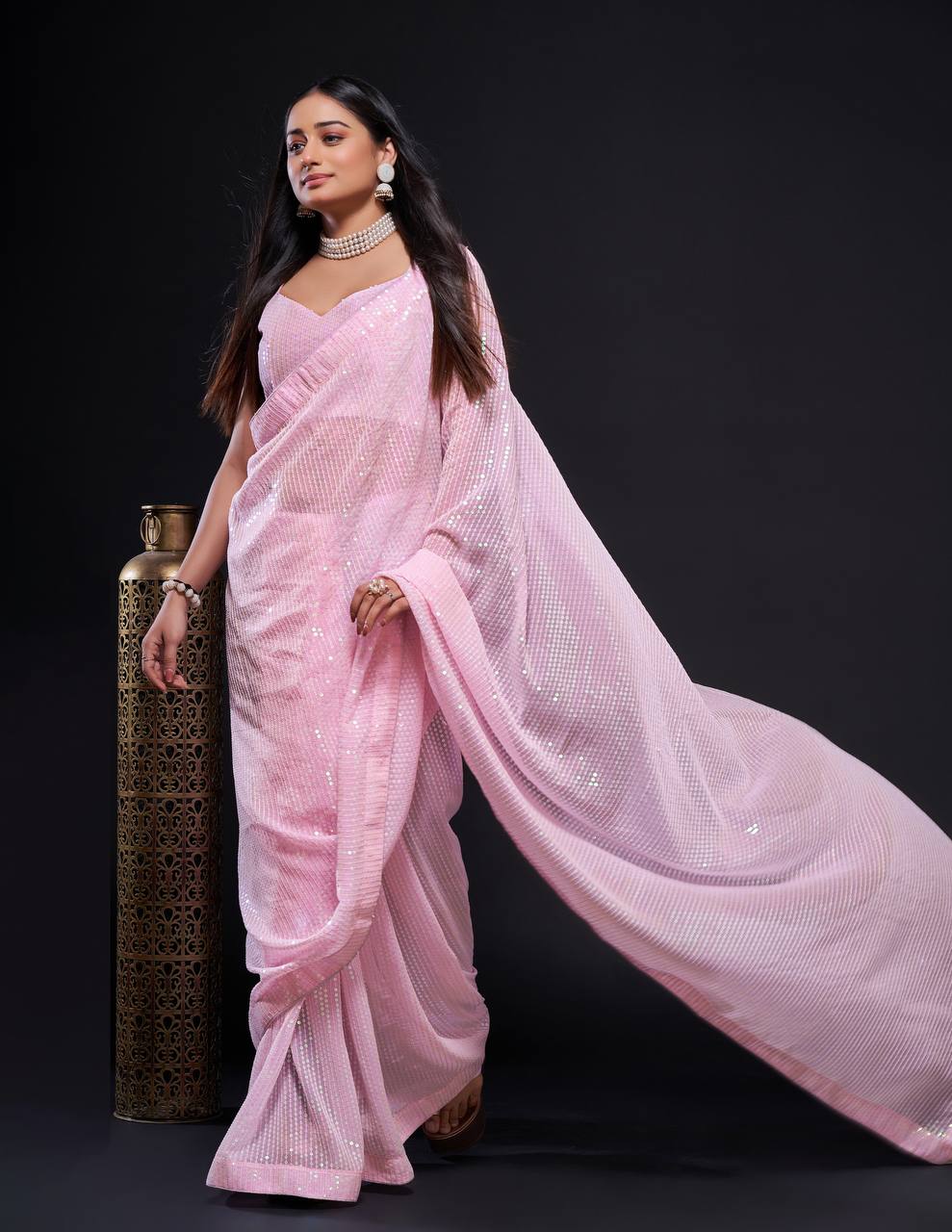 Pink Stunning Georgette Saree with Rainbow Sequin Work & Matching Blouse ClothsVilla