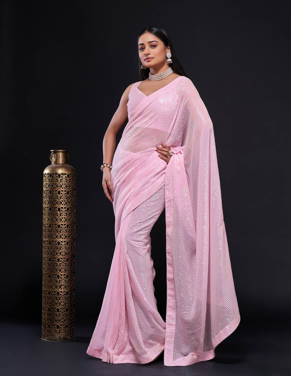 Pink Stunning Georgette Saree with Rainbow Sequin Work & Matching Blouse Secondary image