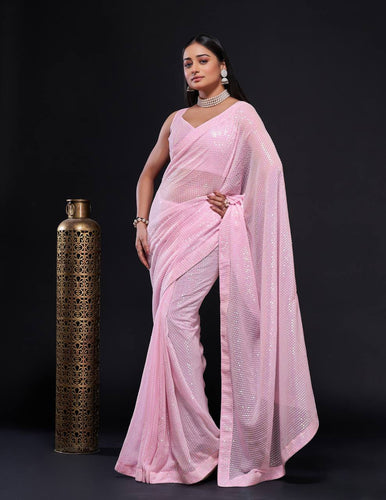 Pink Stunning Georgette Saree with Rainbow Sequin Work & Matching Blouse ClothsVilla