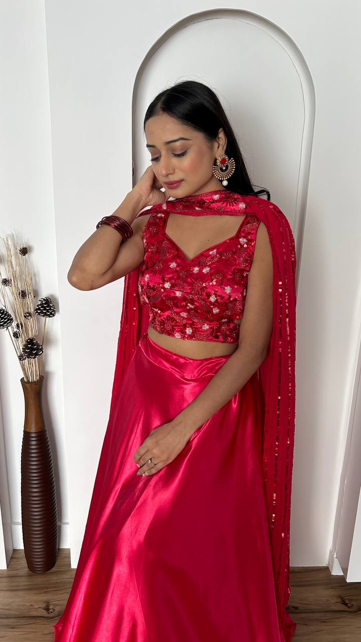 Pink Stunning Japan Satin Silk Lehenga Set with Sequins & Thread Work ClothsVilla