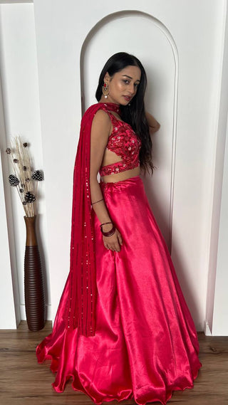 Pink Stunning Japan Satin Silk Lehenga Set with Sequins & Thread Work ClothsVilla