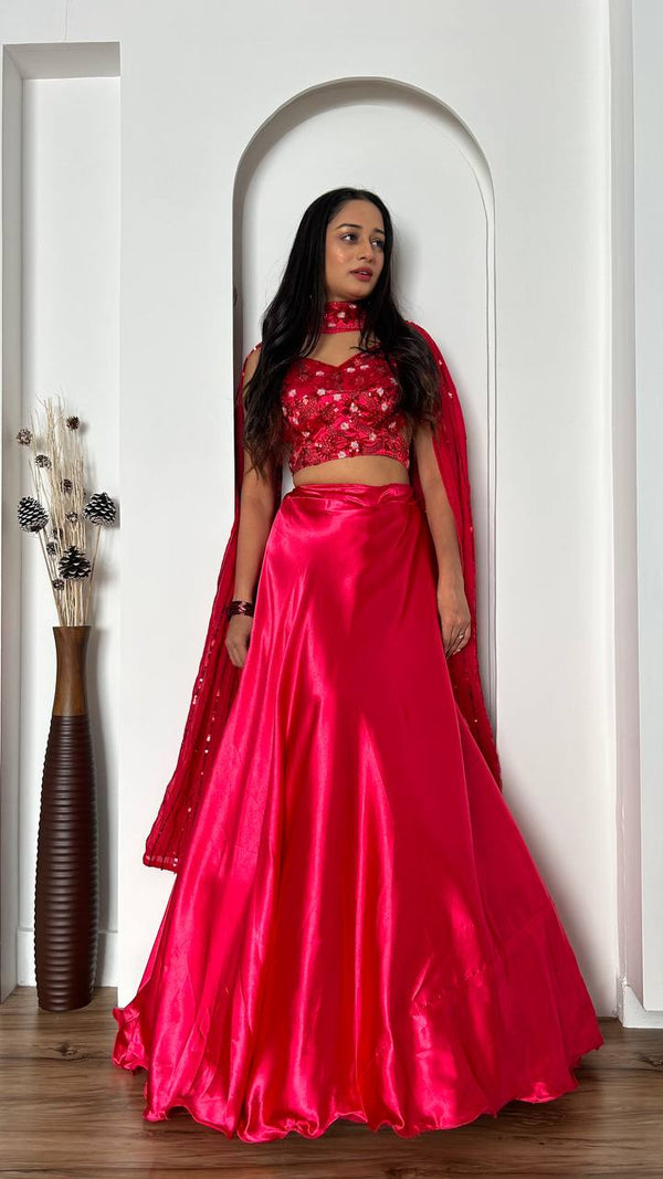 Pink Stunning Japan Satin Silk Lehenga Set with Sequins & Thread Work ClothsVilla