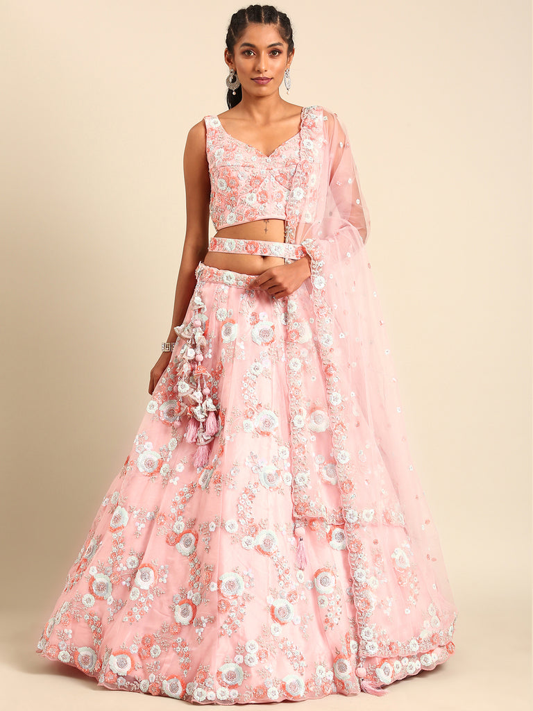 Pink Stunning Semi-Stitched Lehenga Choli Set with Zari, Sequins & Moti Embroidered Net ClothsVilla