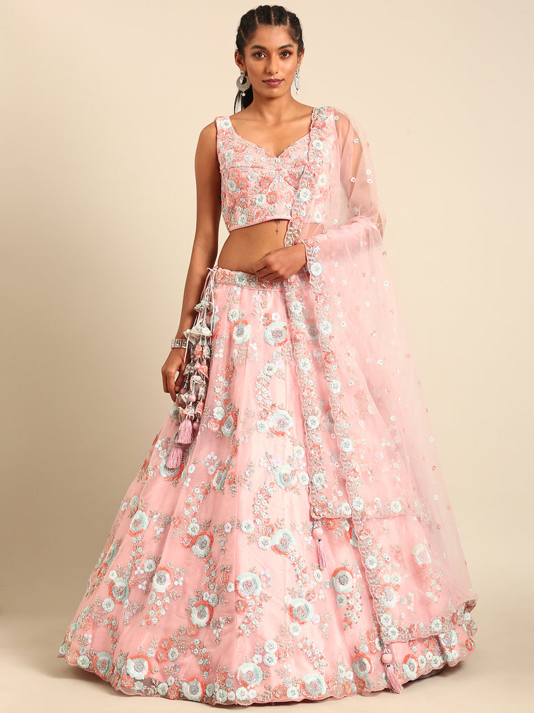 Pink Stunning Semi-Stitched Lehenga Choli Set with Zari, Sequins & Moti Embroidered Net ClothsVilla