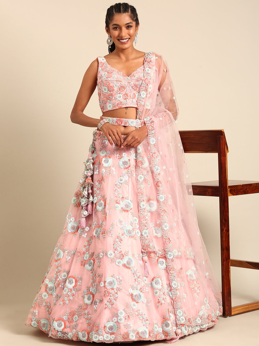 Pink Stunning Semi-Stitched Lehenga Choli Set with Zari, Sequins & Moti Embroidered Net ClothsVilla