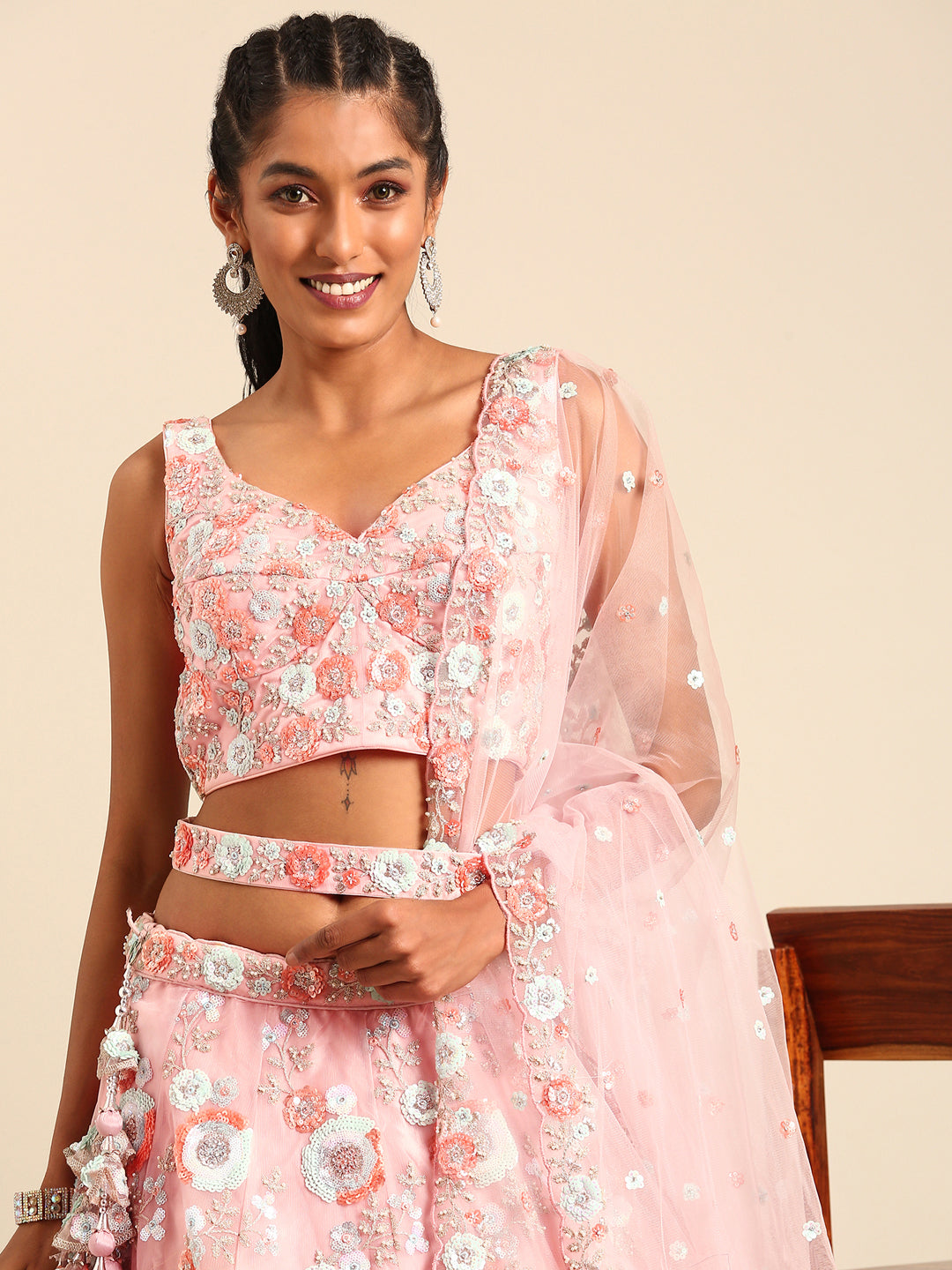Pink Stunning Semi-Stitched Lehenga Choli Set with Zari, Sequins & Moti Embroidered Net ClothsVilla