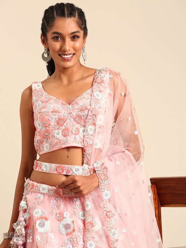 Pink Stunning Semi-Stitched Lehenga Choli Set with Zari, Sequins & Moti Embroidered Net ClothsVilla