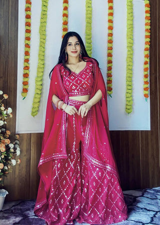 Pink Stylish Georgette Plazzo Set with Mirror & Thread Work Featuring Matching Koti ClothsVilla