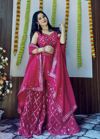 Pink Stylish Georgette Plazzo Set with Mirror & Thread Work Featuring Matching Koti ClothsVilla