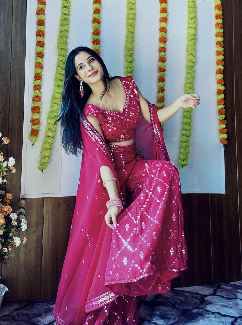 Pink Stylish Georgette Plazzo Set with Mirror & Thread Work Featuring Matching Koti ClothsVilla