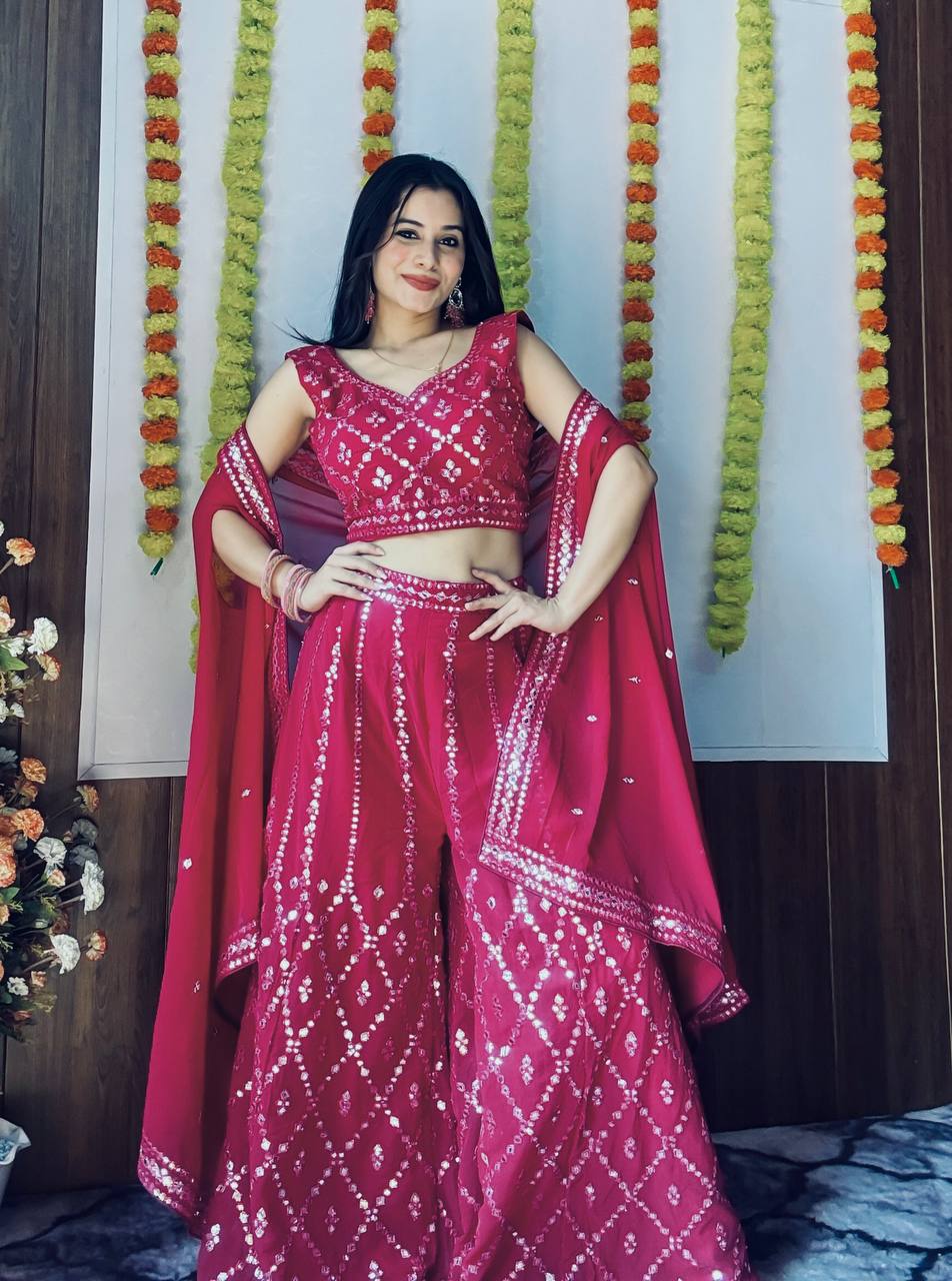 Pink Stylish Georgette Plazzo Set with Mirror & Thread Work Featuring Matching Koti ClothsVilla