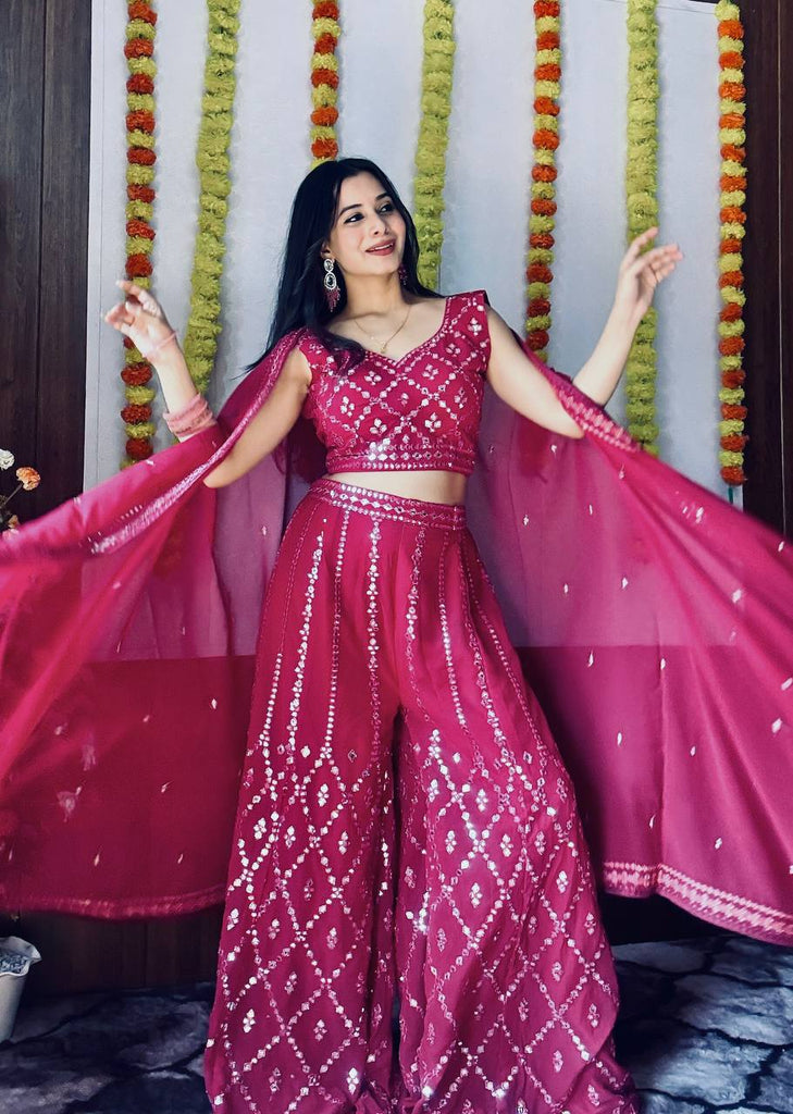 Pink Stylish Georgette Plazzo Set with Mirror & Thread Work Featuring Matching Koti ClothsVilla