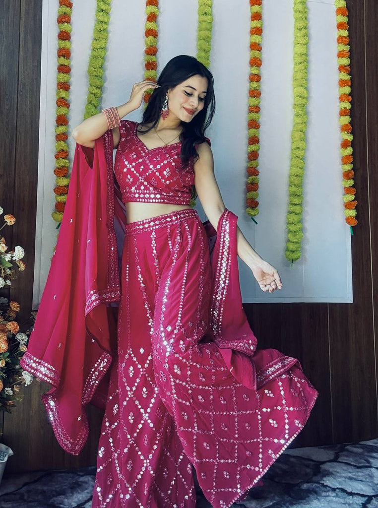 Pink Stylish Georgette Plazzo Set with Mirror & Thread Work Featuring Matching Koti ClothsVilla