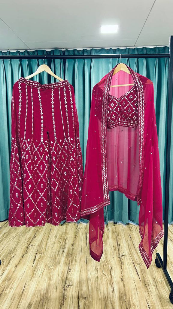 Pink Stylish Georgette Plazzo Set with Mirror & Thread Work Featuring Matching Koti ClothsVilla