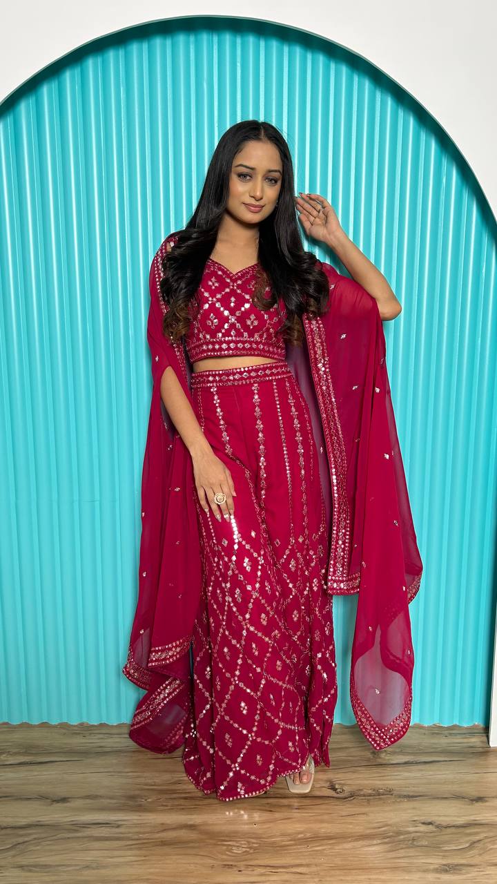 Pink Stylish Indo-Western Georgette Plazo Set with Foil Mirror & Thread Work ClothsVilla