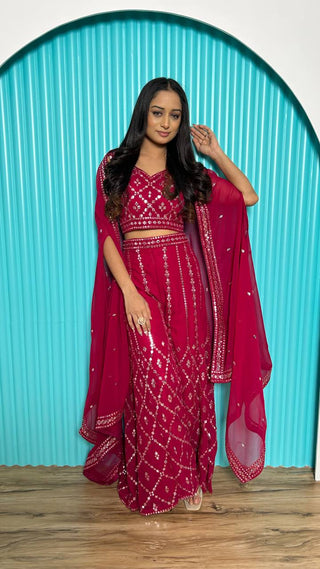 Pink Stylish Indo-Western Georgette Plazo Set with Foil Mirror & Thread Work ClothsVilla