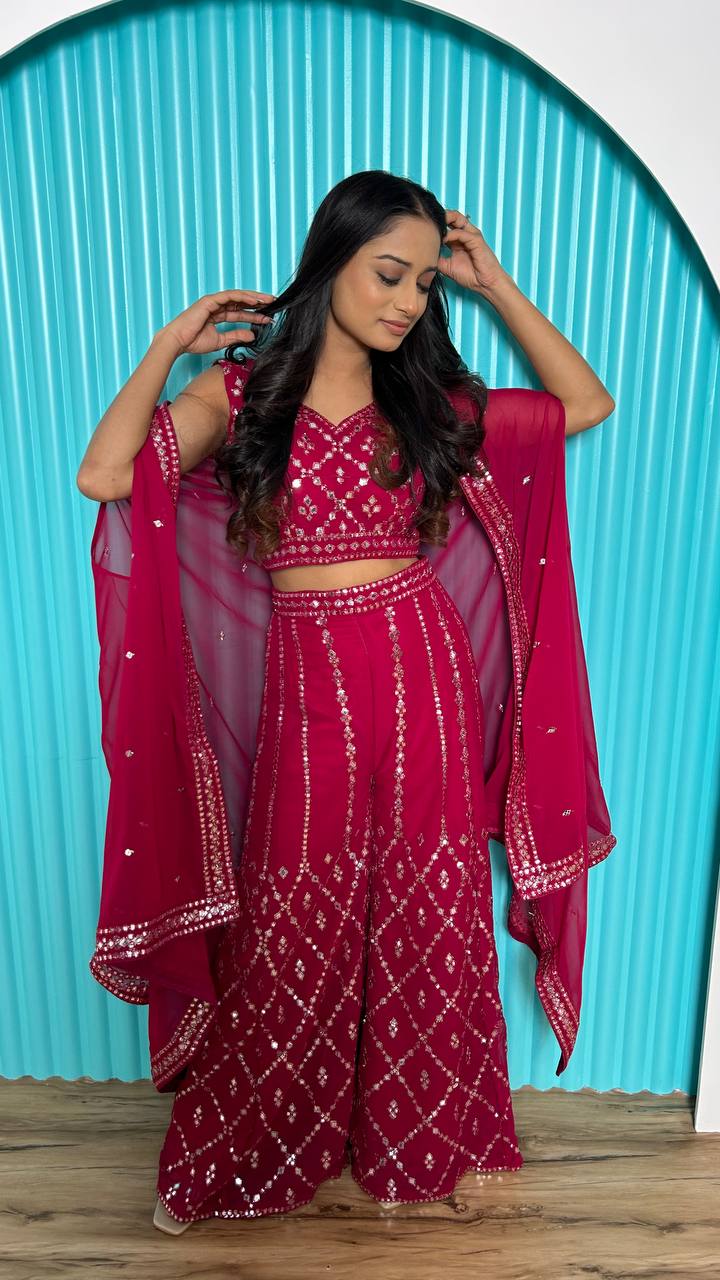 Pink Stylish Indo-Western Georgette Plazo Set with Foil Mirror & Thread Work ClothsVilla